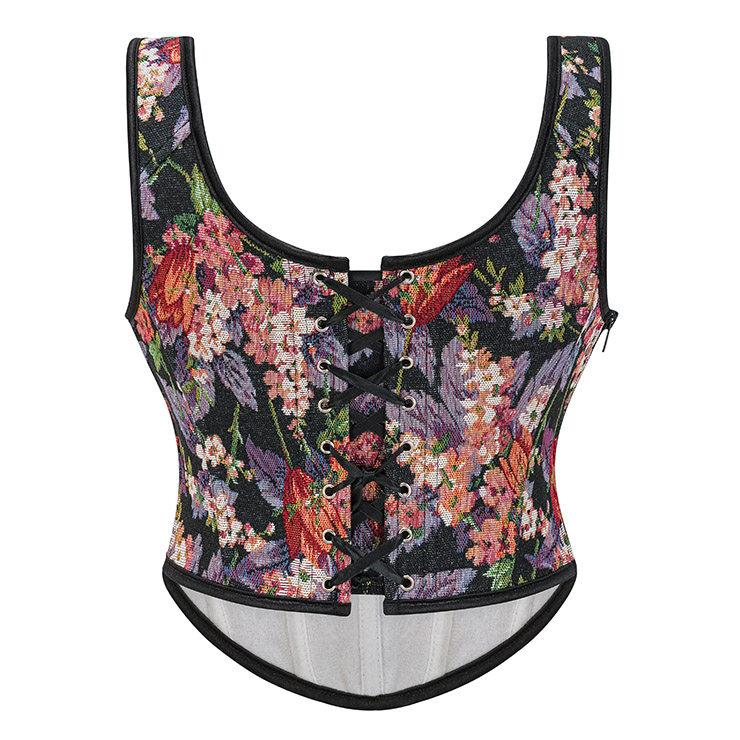 Vintage Floral Corset Top - Adjustable Lace-Up Bustier with Bow Straps for Women N237840