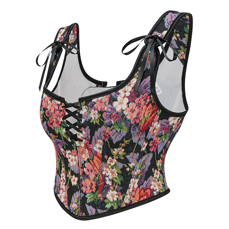 Vintage Floral Corset Top - Adjustable Lace-Up Bustier with Bow Straps for Women N237840