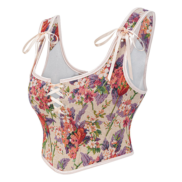 Vintage Floral Corset Top - Adjustable Lace-Up Bustier with Bow Straps for Women N237841