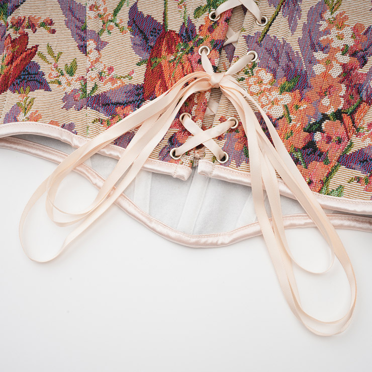 Vintage Floral Corset Top - Adjustable Lace-Up Bustier with Bow Straps for Women N237841