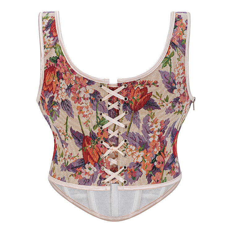 Vintage Floral Corset Top - Adjustable Lace-Up Bustier with Bow Straps for Women N237841