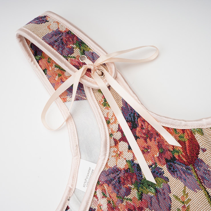 Vintage Floral Corset Top - Adjustable Lace-Up Bustier with Bow Straps for Women N237841