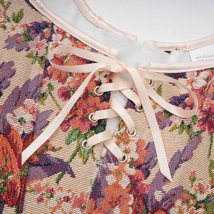 Vintage Floral Corset Top - Adjustable Lace-Up Bustier with Bow Straps for Women N237841