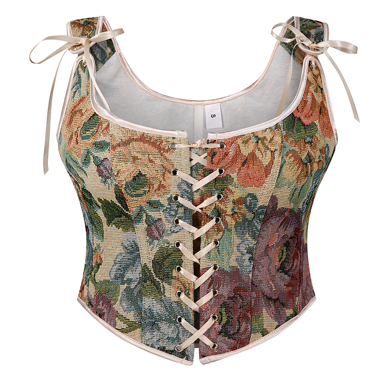 Vintage Floral Corset Top - Adjustable Lace-Up Bustier with Square Neckline N237842