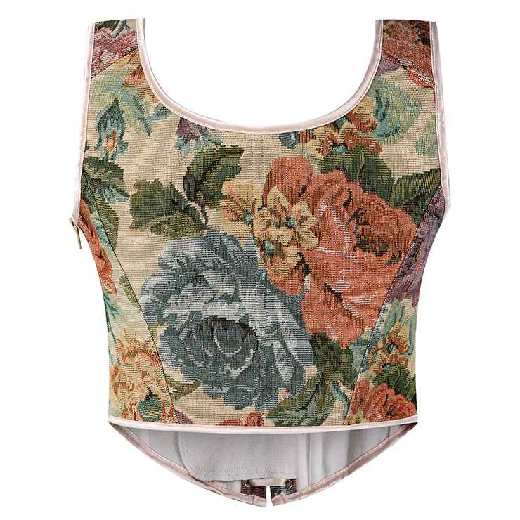 Vintage Floral Corset Top - Adjustable Lace-Up Bustier with Square Neckline N237842