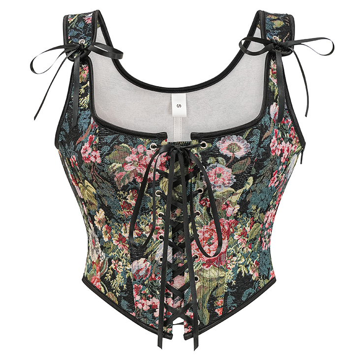 Vintage Floral Corset Top - Adjustable Lace-Up Bustier with Square Neckline N23887