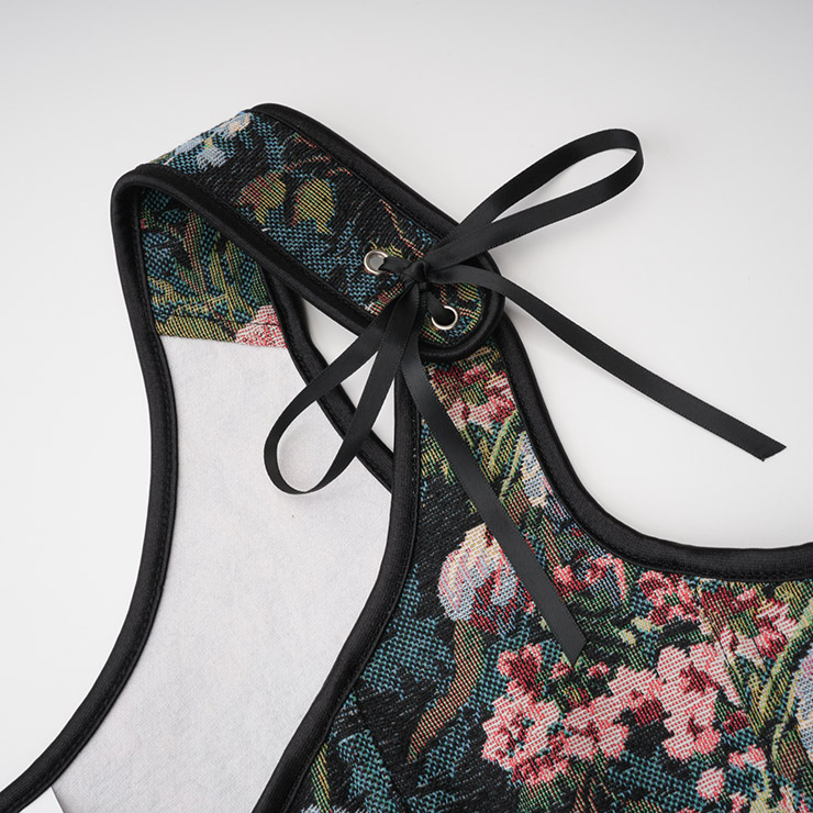 Vintage Floral Corset Top - Adjustable Lace-Up Bustier with Square Neckline N23887