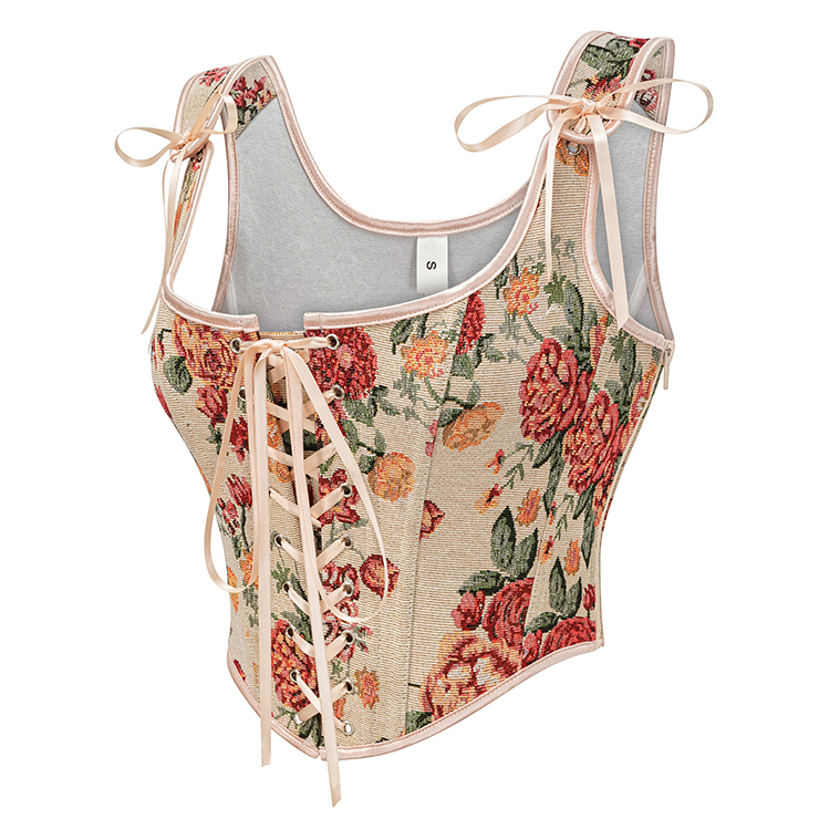 Vintage Floral Corset Top - Adjustable Lace-Up Bustier with Square Neckline N23888