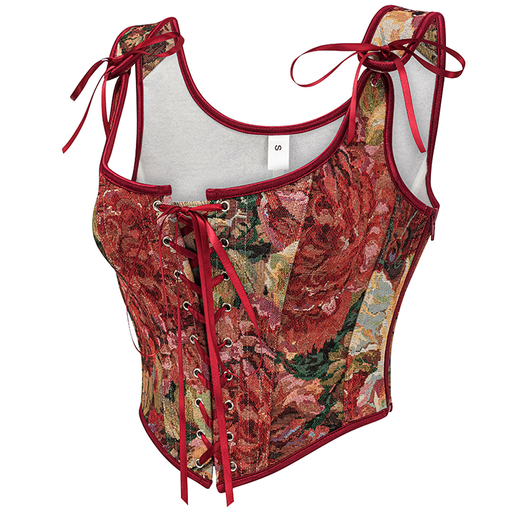 Vintage Floral Corset Top - Adjustable Lace-Up Bustier with Square Neckline N23890