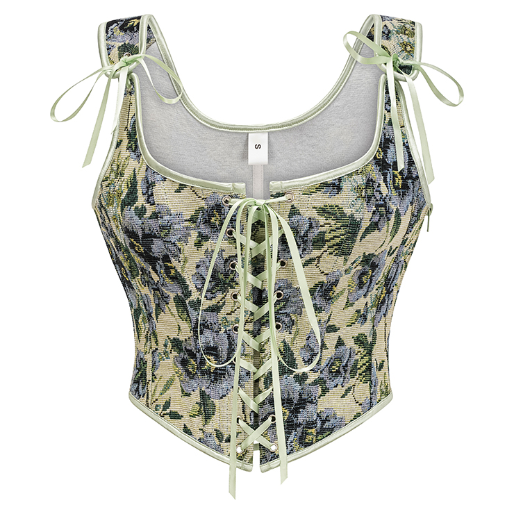 Vintage Floral Corset Top - Adjustable Lace-Up Bustier with Square Neckline N23889