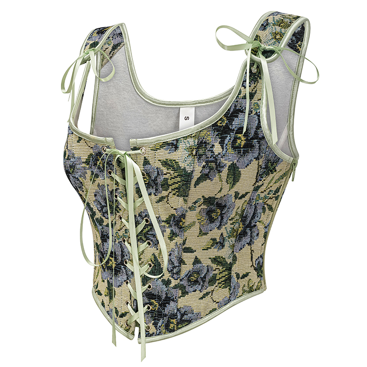 Vintage Floral Corset Top - Adjustable Lace-Up Bustier with Square Neckline N23889
