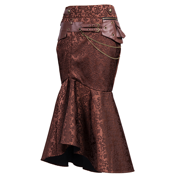 Women's Vintage Brown Steel Boned Faux Leather Jacquard Underbust Corset Skirt Set N15140