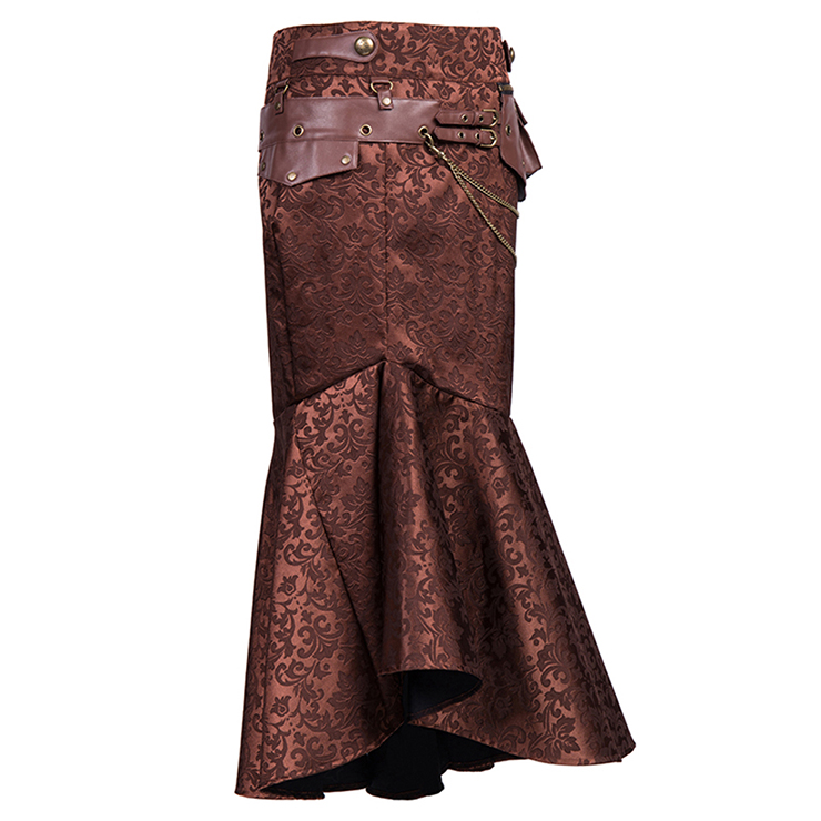 Women's Vintage Brown Steel Boned Faux Leather Jacquard Underbust Corset Skirt Set N15140