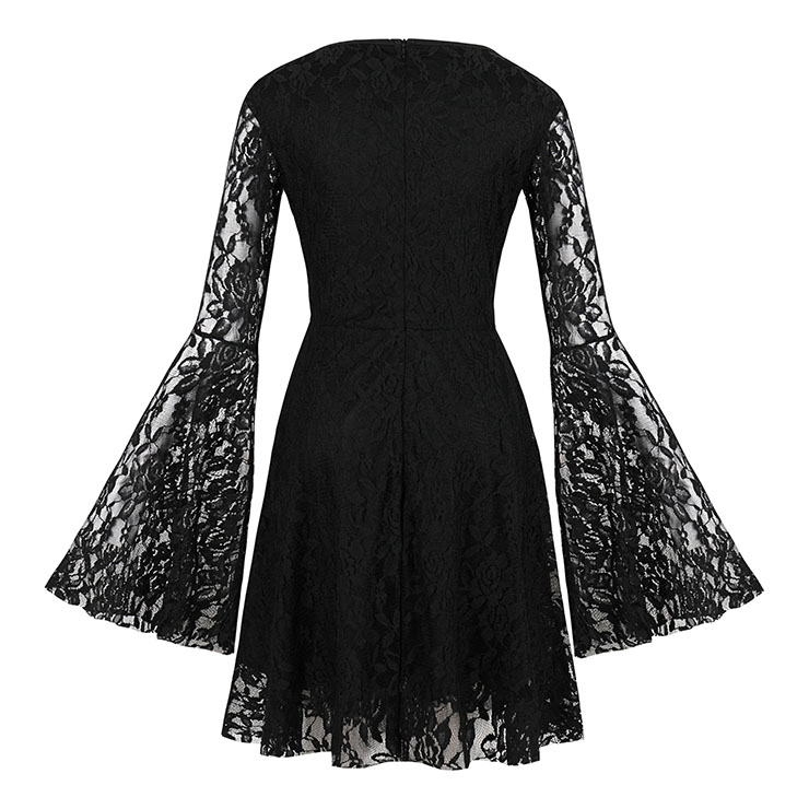 Sexy Gothic Style Solid Black Floral Lace Flared Sleeve High Waist Knee-length Dress N19404