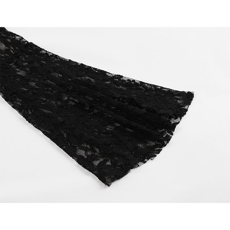 Sexy Gothic Style Solid Black Floral Lace Flared Sleeve High Waist Knee-length Dress N19404