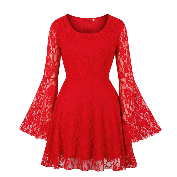 Sexy Gothic Style Solid Red Floral Lace Flared Sleeve High Waist Knee-length Dress N20827