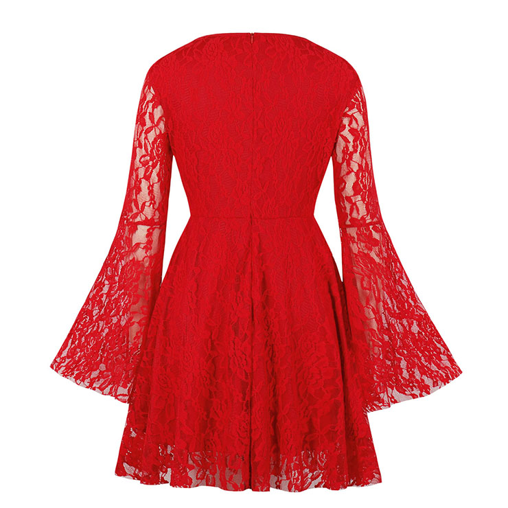 Sexy Gothic Style Solid Red Floral Lace Flared Sleeve High Waist Knee-length Dress N20827