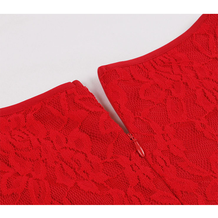 Sexy Gothic Style Solid Red Floral Lace Flared Sleeve High Waist Knee-length Dress N20827