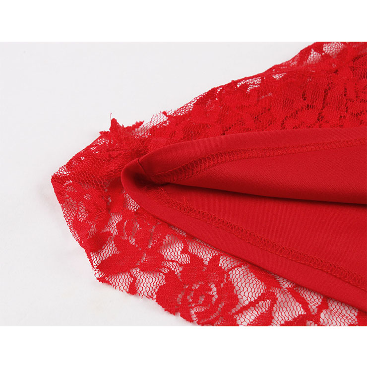 Sexy Gothic Style Solid Red Floral Lace Flared Sleeve High Waist Knee-length Dress N20827