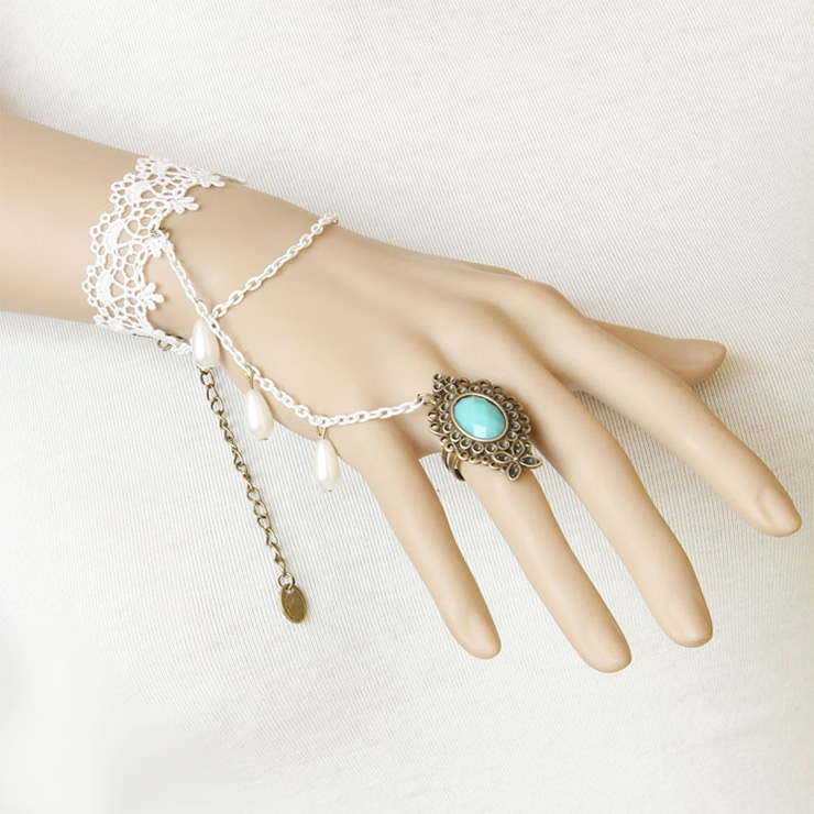 Vintage Floral Lace Wristband Beads Embellishment Bracelet with Ring J17828