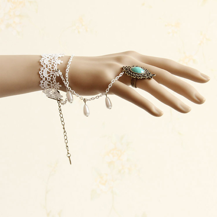 Vintage Floral Lace Wristband Beads Embellishment Bracelet with Ring J17828