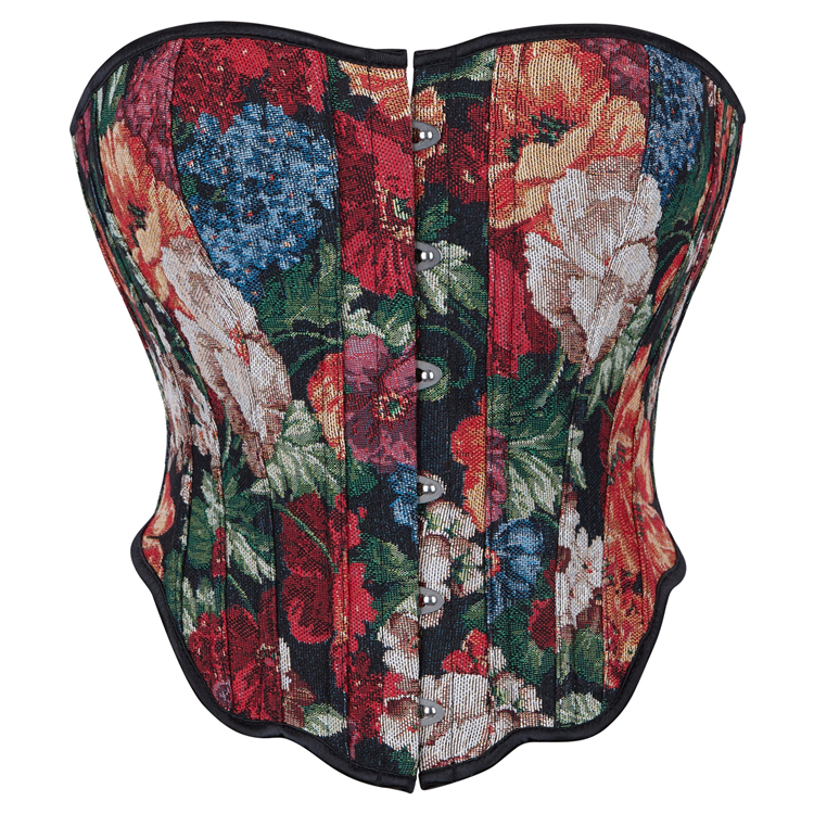 Vintage Floral Print Bustier with Front Snaps and Back Lace-Up, Adjustable Corset Top N23860