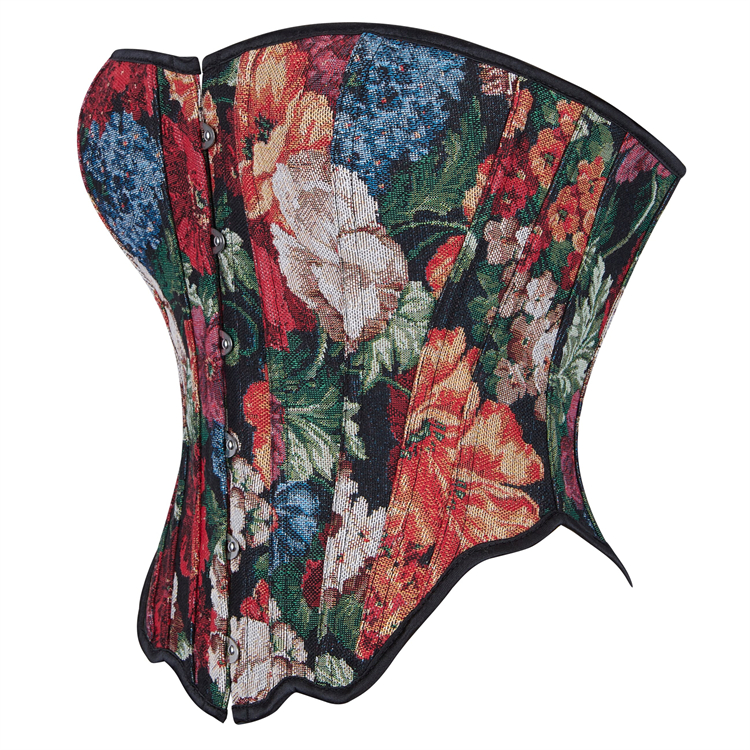 Vintage Floral Print Bustier with Front Snaps and Back Lace-Up, Adjustable Corset Top N23860