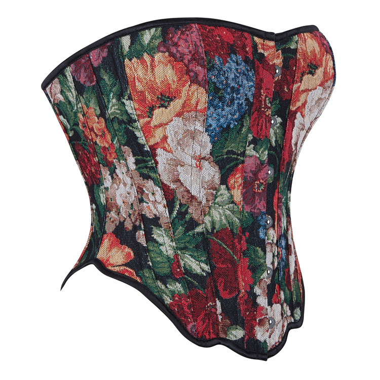 Vintage Floral Print Bustier with Front Snaps and Back Lace-Up, Adjustable Corset Top N23860