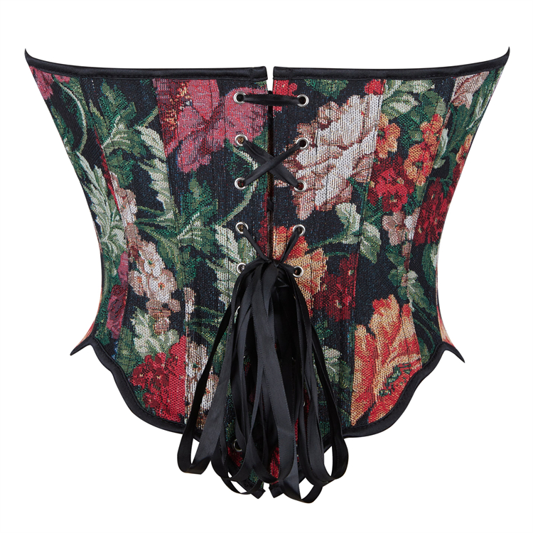 Vintage Floral Print Bustier with Front Snaps and Back Lace-Up, Adjustable Corset Top N23860