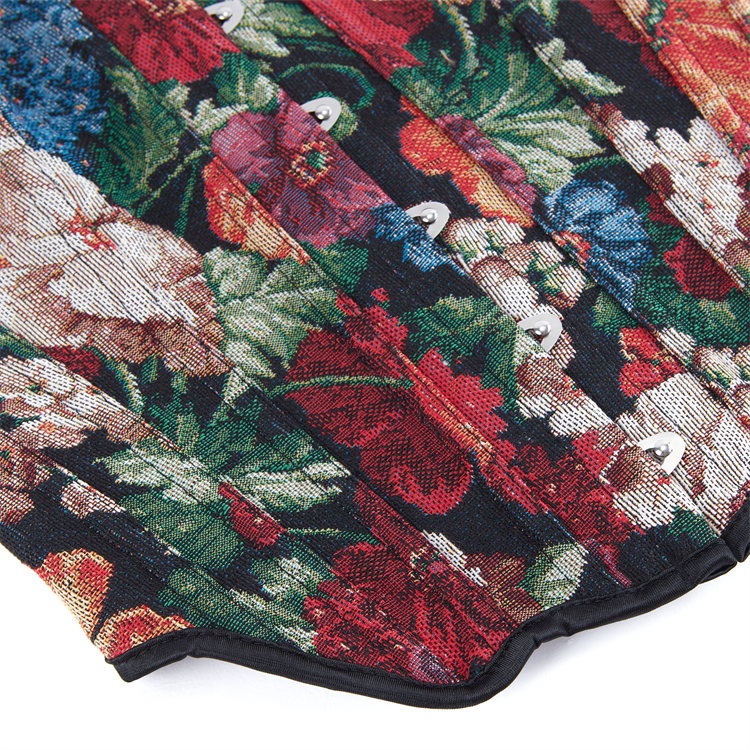 Vintage Floral Print Bustier with Front Snaps and Back Lace-Up, Adjustable Corset Top N23860