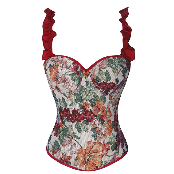 Vintage Floral Print Corset Top with Red Ruffle Straps & Back Lace-up N23930