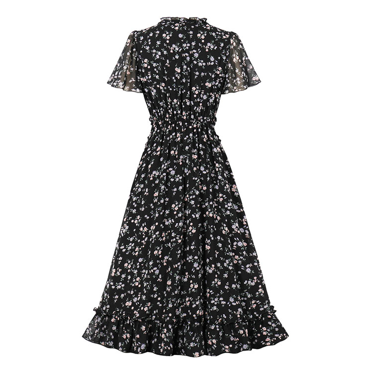 Vintage Floral Print Ruffle V Neckline Flare Sleeve Summer Rockabilly Party Midi Dress N22266