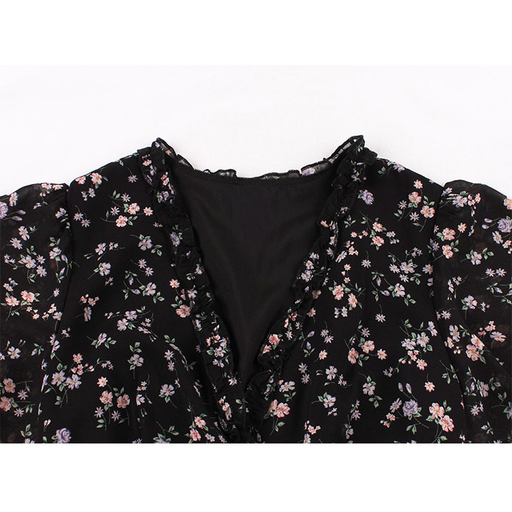 Vintage Floral Print Ruffle V Neckline Flare Sleeve Summer Rockabilly Party Midi Dress N22266