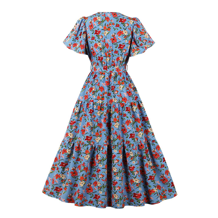 Vintage Floral Print Surplice Neckline Flare Sleeve Rockabilly Party Tiered Dress with Belt N22101