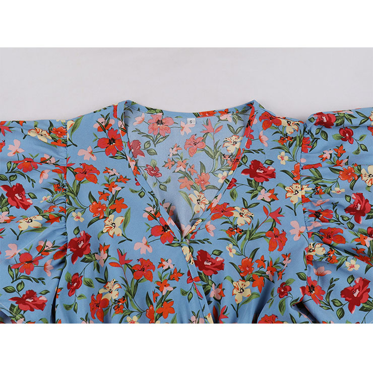 Vintage Floral Print Surplice Neckline Flare Sleeve Rockabilly Party Tiered Dress with Belt N22101
