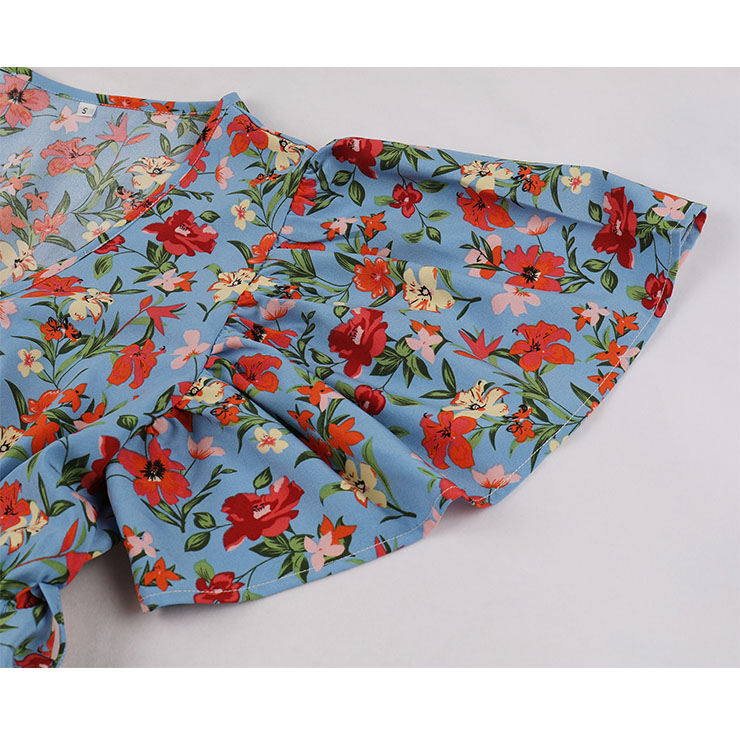 Vintage Floral Print Surplice Neckline Flare Sleeve Rockabilly Party Tiered Dress with Belt N22101