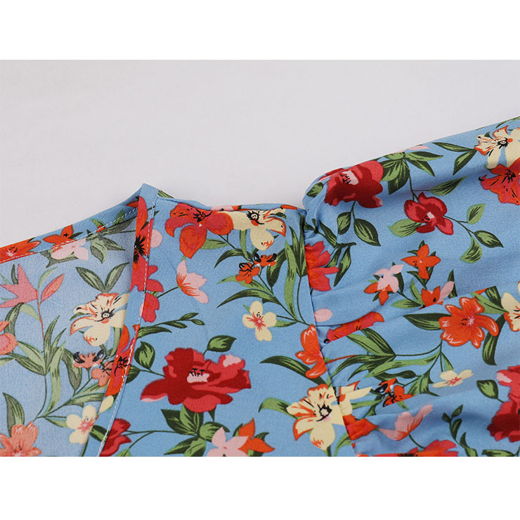 Vintage Floral Print Surplice Neckline Flare Sleeve Rockabilly Party Tiered Dress with Belt N22101