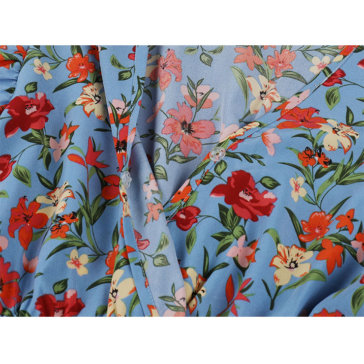 Vintage Floral Print Surplice Neckline Flare Sleeve Rockabilly Party Tiered Dress with Belt N22101