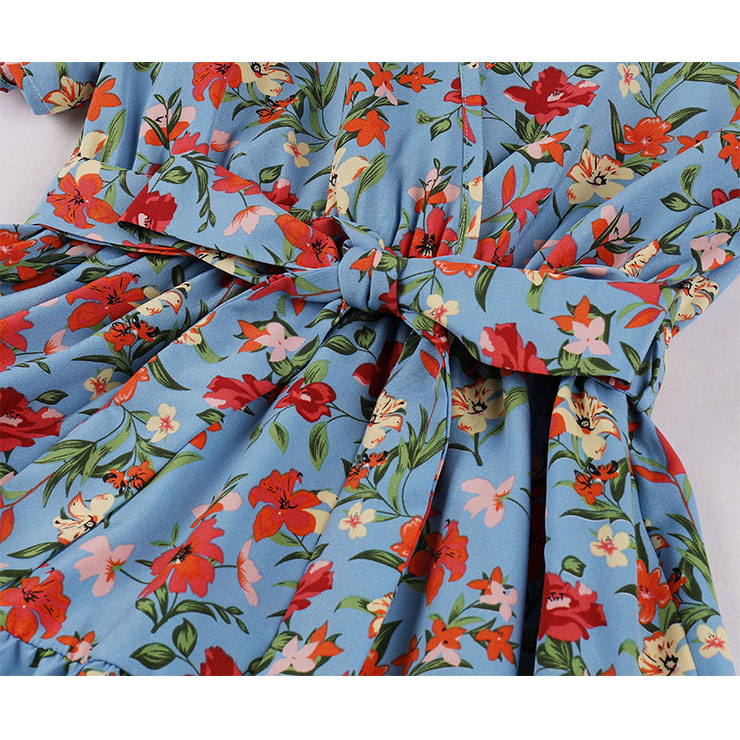 Vintage Floral Print Surplice Neckline Flare Sleeve Rockabilly Party Tiered Dress with Belt N22101