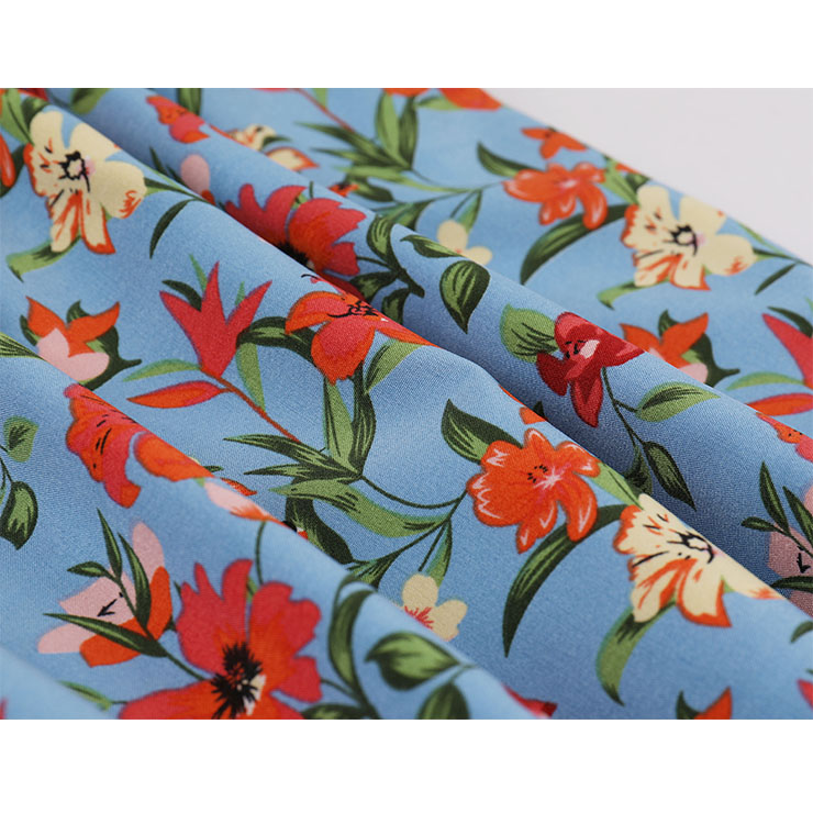 Vintage Floral Print Surplice Neckline Flare Sleeve Rockabilly Party Tiered Dress with Belt N22101