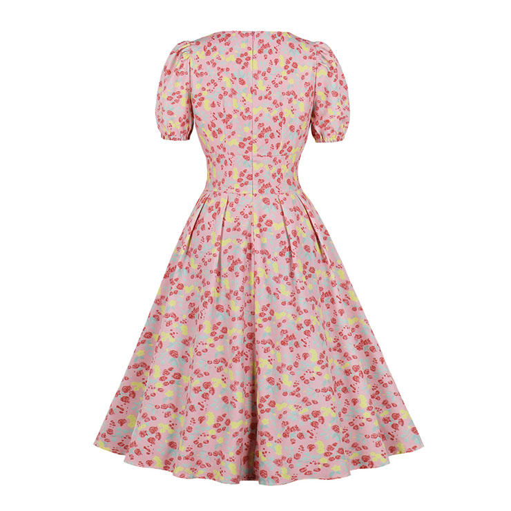Vintage Floral Print Square Neckline Puff Sleeve Wide Waistline Summer Cocktail Midi Dress N22198