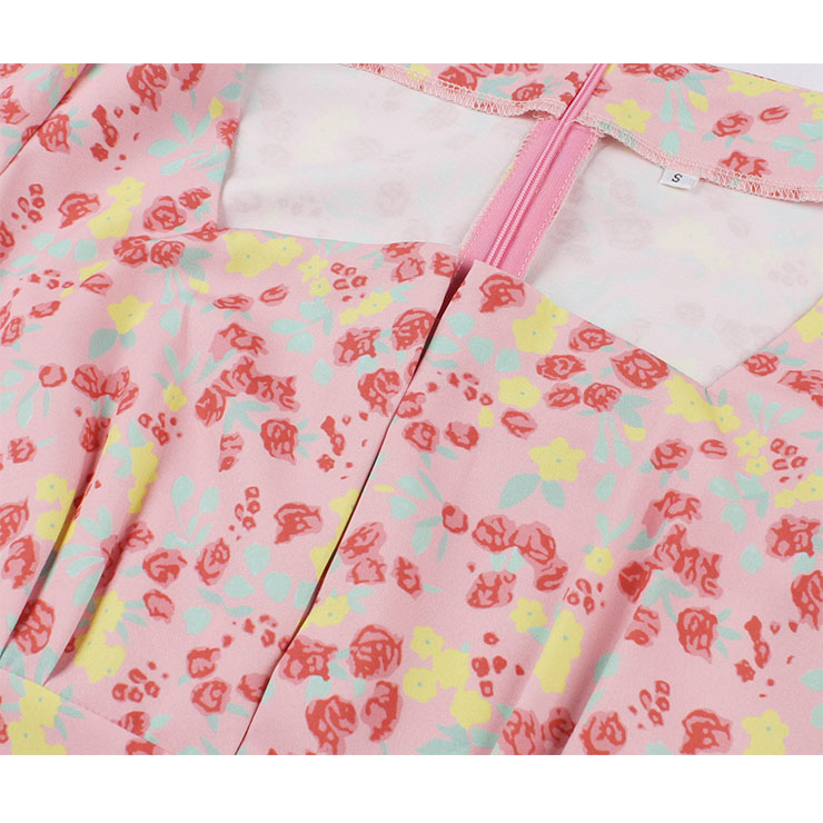 Vintage Floral Print Square Neckline Puff Sleeve Wide Waistline Summer Cocktail Midi Dress N22198