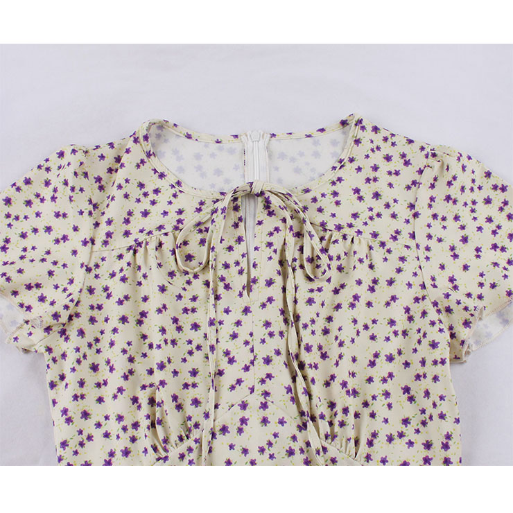 Fashion Floral Print Round Neckline Lace-up Short Sleeve High Waist Summer Swing Dress N22262