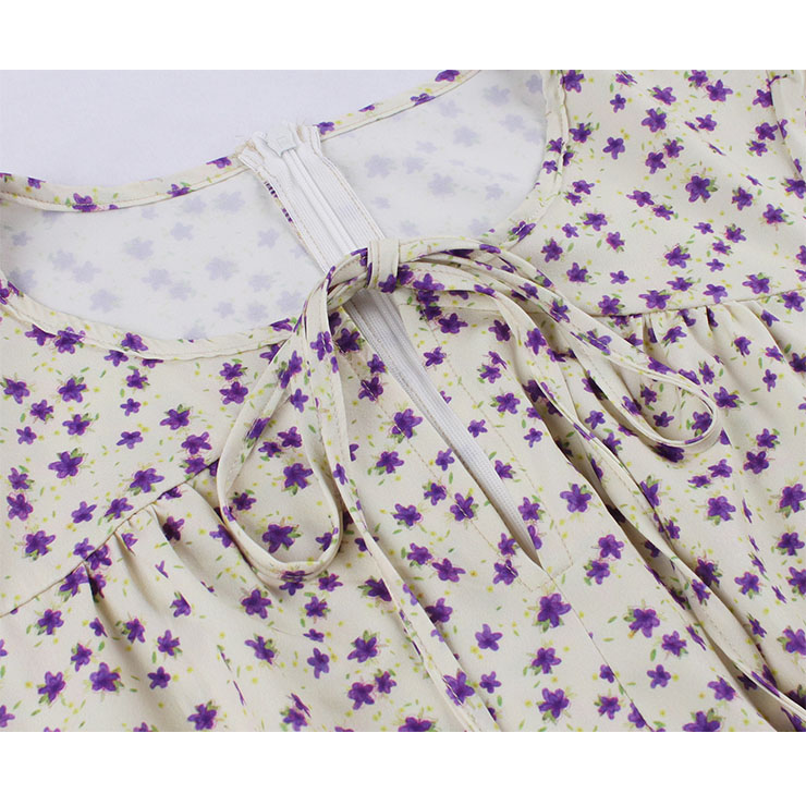 Fashion Floral Print Round Neckline Lace-up Short Sleeve High Waist Summer Swing Dress N22262