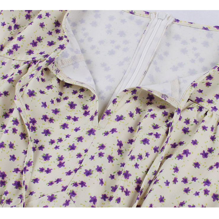 Fashion Floral Print Round Neckline Lace-up Short Sleeve High Waist Summer Swing Dress N22262