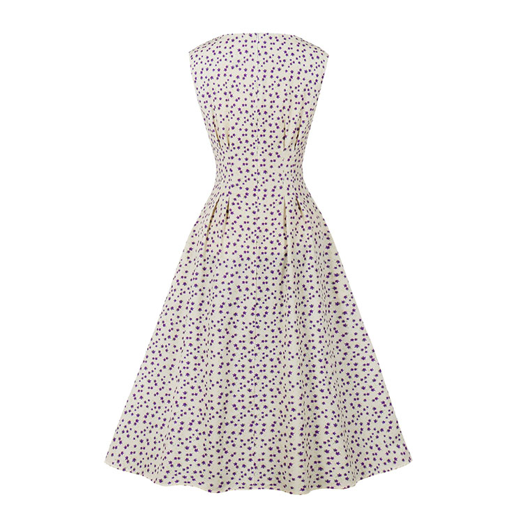 Vintage Floral Print Round Neckline Sleeveless High Waist Cocktail Party Midi Dress N22264
