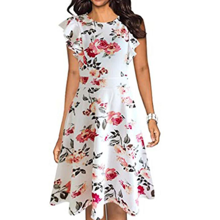 Vintage Floral Print Round Neck Flying Sleeves High Waist Summer Cocktail Swing Dress N21364