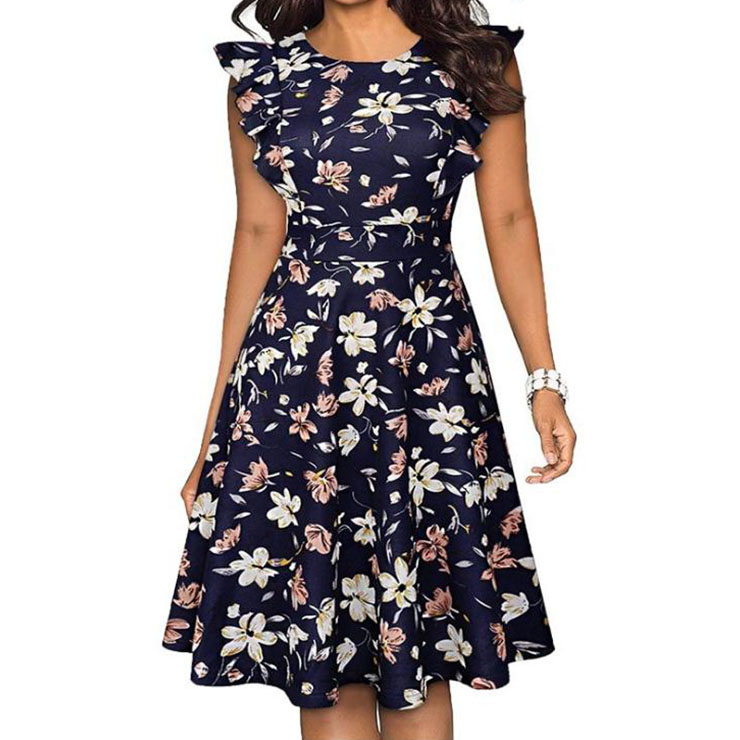 Vintage Floral Print Round Neck Flying Sleeves High Waist Cocktail Party Fashion Midi Dress N21367