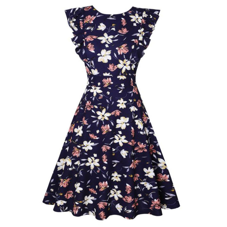 Vintage Floral Print Round Neck Flying Sleeves High Waist Cocktail Party Fashion Midi Dress N21367