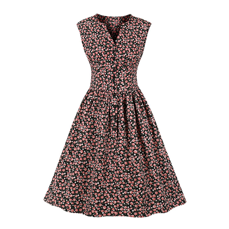 Vintage Floral Print V Neckline Front Button Sleeveless High Waist Cocktail Swing Dress N22097